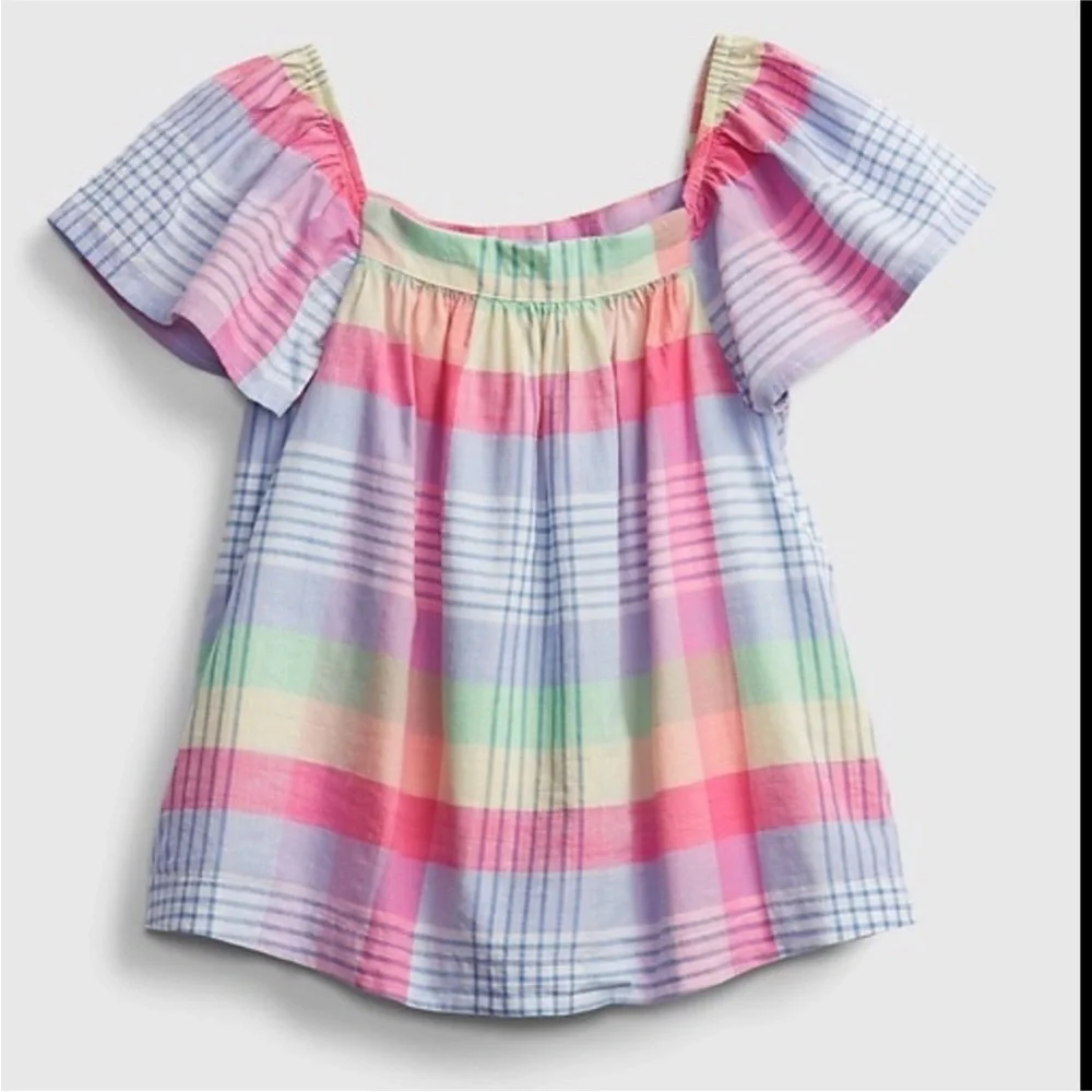 GAP Girls Size 10 Top Bundle 2 Pc Plaid & Light Blue Puff Sleeve Blouses